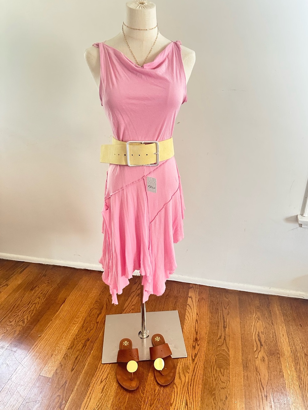 Free People Pink Draped Asymmetrical Midi Dress Soft Boho Romantic Dress S